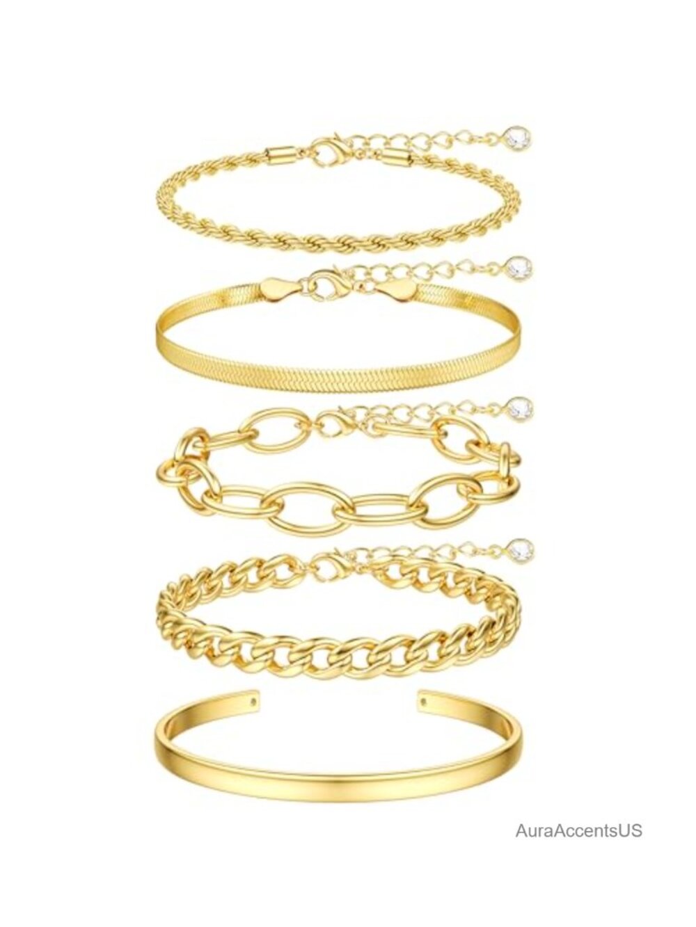 Chunky Gold Plated Bracelets for Women, 5 Piece Stackable Link Chain Bracelet